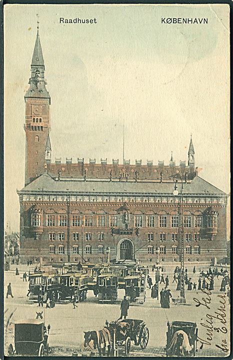 København, Raadhuspladsen med sporvogne og hestetrukne omnibusser. Stenders no. 596.