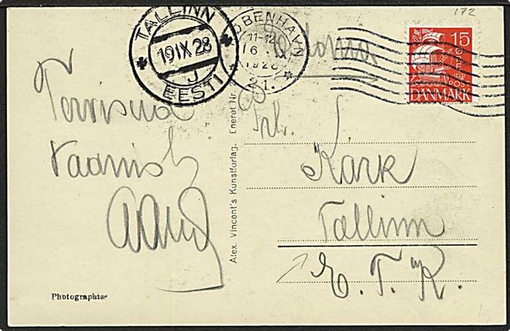15 øre Karavel single på brevkort fra København 21 d. 16.9.1928 til Tallinn, Estland. Ank.stemplet d. 19.9.1928.