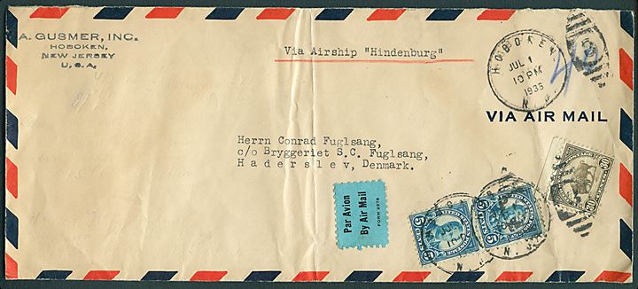 5 cents Roosevelt (2) og 30 cents Bison på luftpostbrev fra Hoboken d. 1.7.1936 til Haderslev, Danmark. Påskrevet: via Airship Hindenburg og befordret på 4. Nordamerika flyvning 1936. Fold.