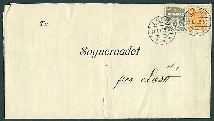 3 øre Bølgelinie og 7 øre Chr. X på lokalbrev annulleret med brotype IIa Læsø d. 27.1.1920. Indeholder selvangivelse til Sogneraadet på Læsø.