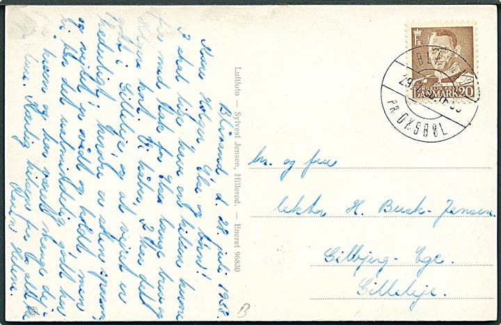 20 øre Fr. IX på brevkort (Blåvand Fyr) annulleret med pr.stempel Blåvand pr. Oksbøl d. 29.7.1958 til Gilleleje.