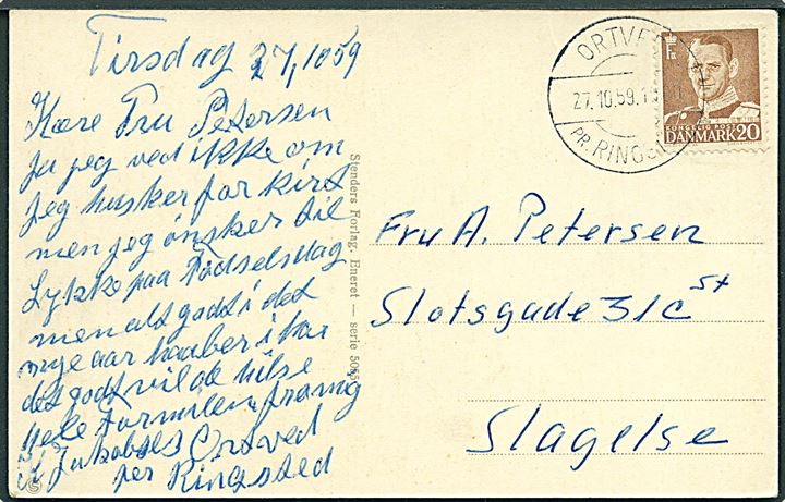 20 øre Fr. IX på brevkort annulleret med pr.stempel Ortved pr. Ringsted d. 27.10.1959 til Slagelse.