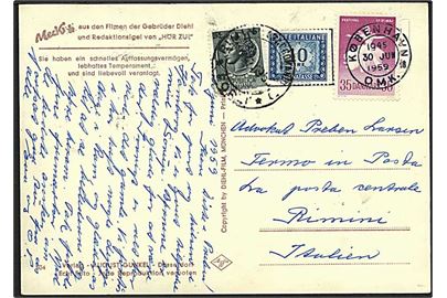 35 øre Ballet festival single på brevkort fra København d. 30.6.1959 til Poste Restante i Rimini, Italien, 15 l. italiensk poste restante gebyr. Ene mærke beskadiget.
