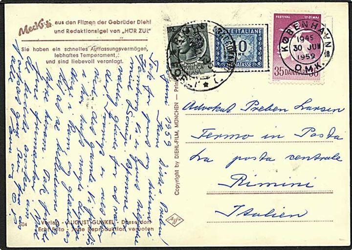 35 øre Ballet festival single på brevkort fra København d. 30.6.1959 til Poste Restante i Rimini, Italien, 15 l. italiensk poste restante gebyr. Ene mærke beskadiget.
