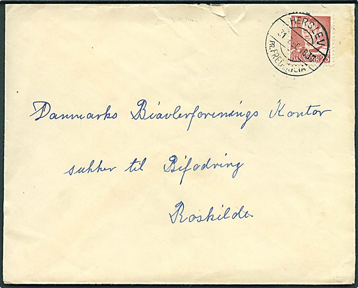 25 øre Fr. IX på brev annulleret med pr.stempel Herslev pr. Fredericia d. 31.7.1950 til Roskilde.