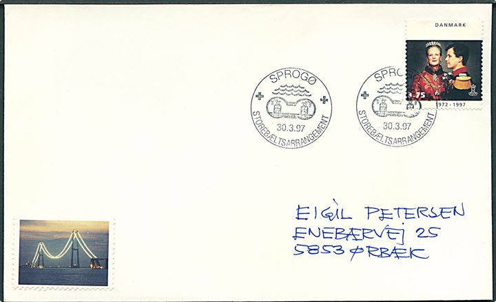 3,75 kr. Regentjubilæum på brev annulleret med særstempel Sprogø Storebæltsarrangement d. 30.3.1997 til Ørbæk.