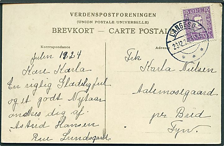 15 øre Chr. X Postjubilæum på brevkort annulleret med brotype IIa Langesø d. 23.12.1924 til Bred.