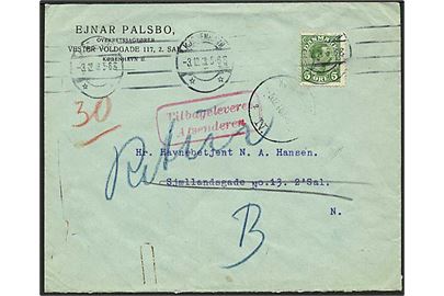 5 øre Chr. X single på lokalbrev i Kjøbenhavn d. 3.12.1918. Retur med flere stempler - bl.a. Ubekjendt efter Adressen.