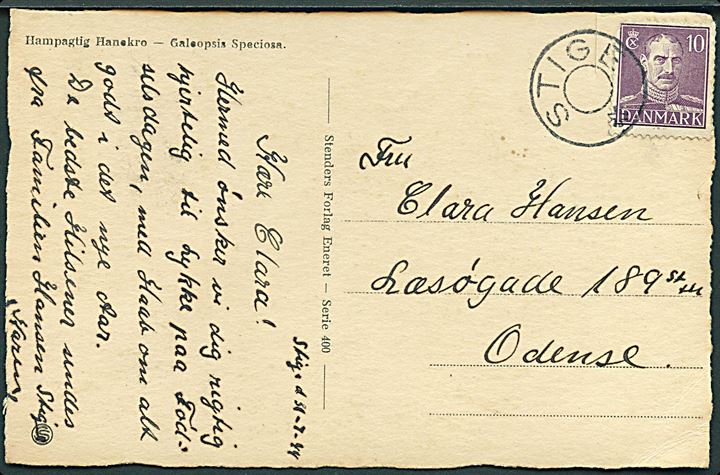 10 øre Chr. X på lokalt brevkort dateret d. 31.7.1944 og annulleret med udslebet stjernestempel STIGE til Odense. Klip til venstre for mærke.