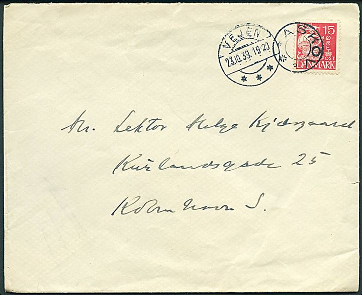 15 øre Karavel på brev annulleret med udslebet stjernestempel ASKOV og sidestemplet Vejen d. 23.10.1939 til København.