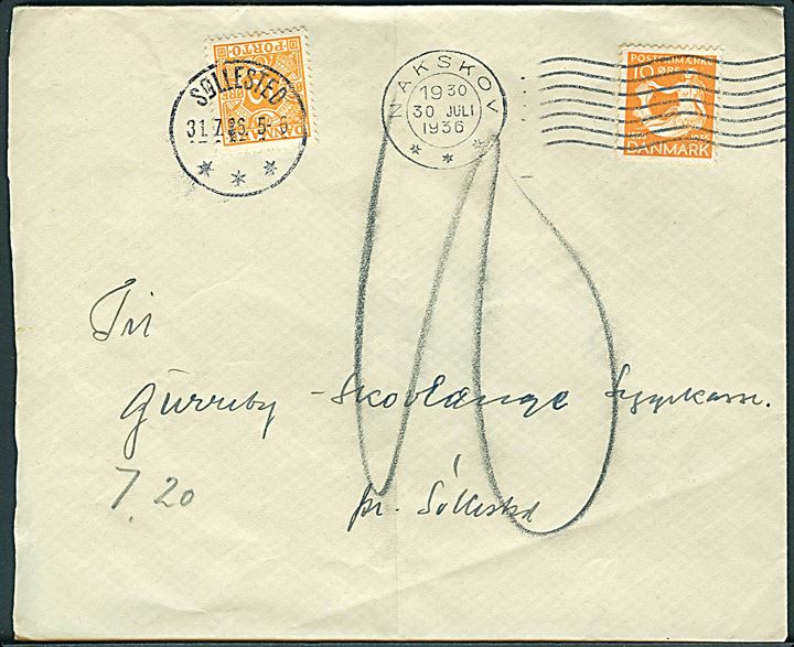 10 øre H. C. Andersen på underfrankeret brev fra Nakskov d. 30.7.1936 til Søllested. Udtakseret i porto med 10 øre Portomærke annulleret med brotype IIIc Søllested d. 31.7.1936. Fold.