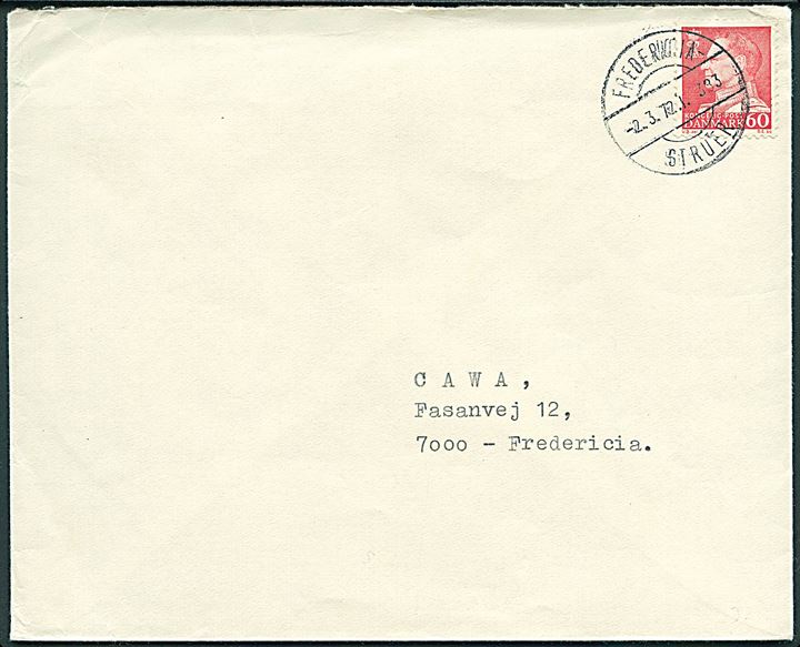 60 øre Fr. IX på brev annulleret med bureaustempel Fredericia - Struer T.383 d. 2.3.1972 til Fredericia.