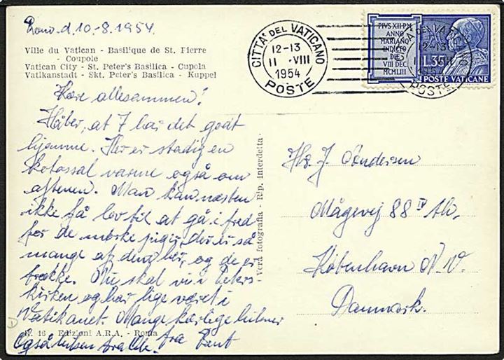 35 l. single på brevkort stemplet Citta del Vaticano d. 11.8.1954 til København, Danmark.