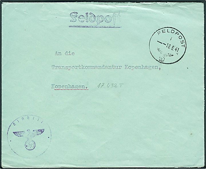 Ufrankeret tysk feltpostbrev stemplet Feldpost i d. 18.6.1941 til Transportkammandantur Kopenhagen, Kopenhagen (Tilføjet feltpost-nr. 17632T) med stumt briefstempel. På bagsiden afs. Dienststelle Feldpostnummer 15530 (= Bahnhofsoffizier 63) formodentlig også i Danmark. 