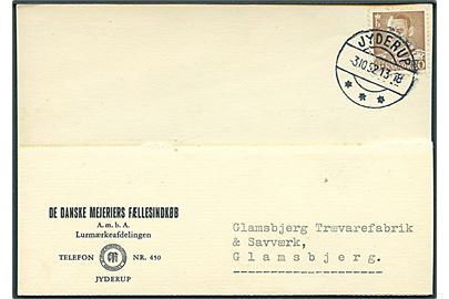 20 øre Fr. IX på brevkort annulleret med brotype IIc Jyderup d. 3.10.1952 til Glamsbjerg.