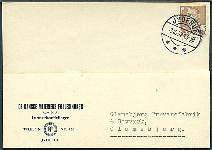 20 øre Fr. IX på brevkort annulleret med brotype IIc Jyderup d. 3.10.1952 til Glamsbjerg.