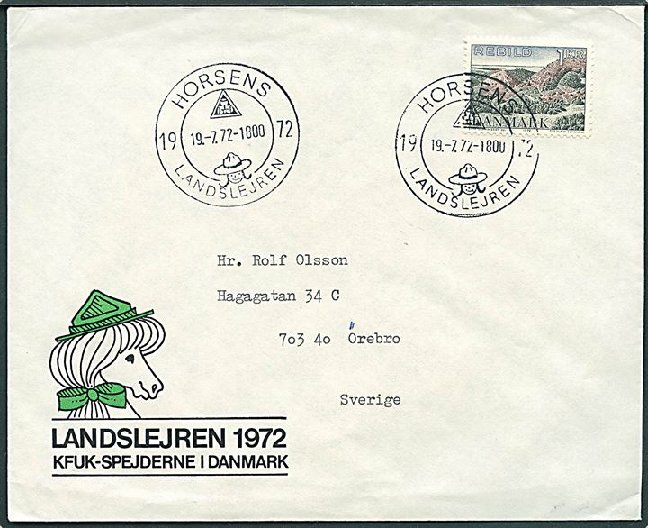 1 kr. Rebild Bakker på illustreret spejderkuvert annulleret med særstempel Horsens Landslejren 1972 d. 19.7.1972 til Örebro, Sverige.