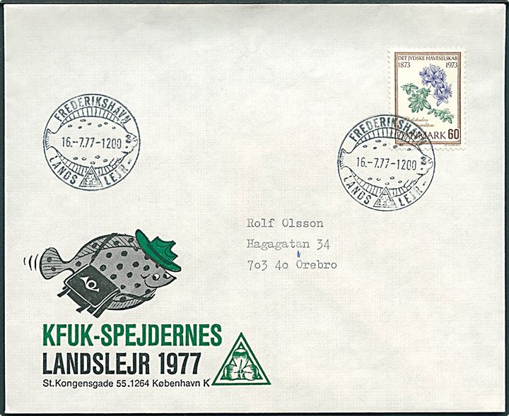 60 øre Haveselskab på illustreret spejderkuvert annulleret med særstempel Frederikshavn Landslejr d. 16.7.1977 til Örebro, Sverige.