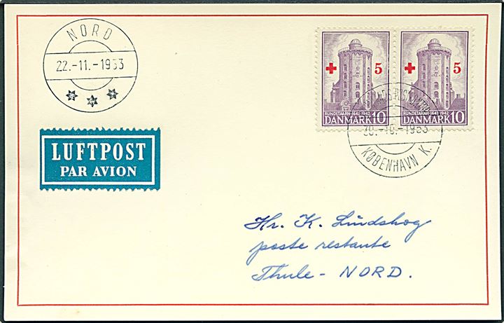 10+5 øre Røde Kors provisorium i parstykke på luftpost brevkort annulleret Grønlands Postkontor København K d. 30.10.1953 til Station Nord i Nordøstgrønland. Ank.stemplet Nord d. 22.11.1953.