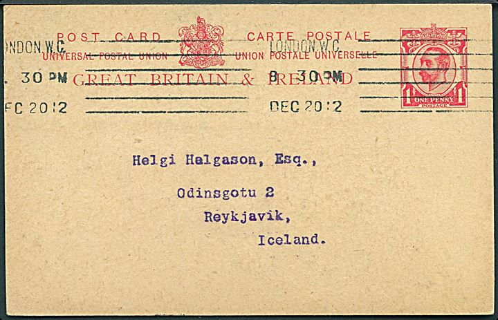 1d George V helsagsbrevkort fra London d. 20.12.1912 til Reykjavik, Island.