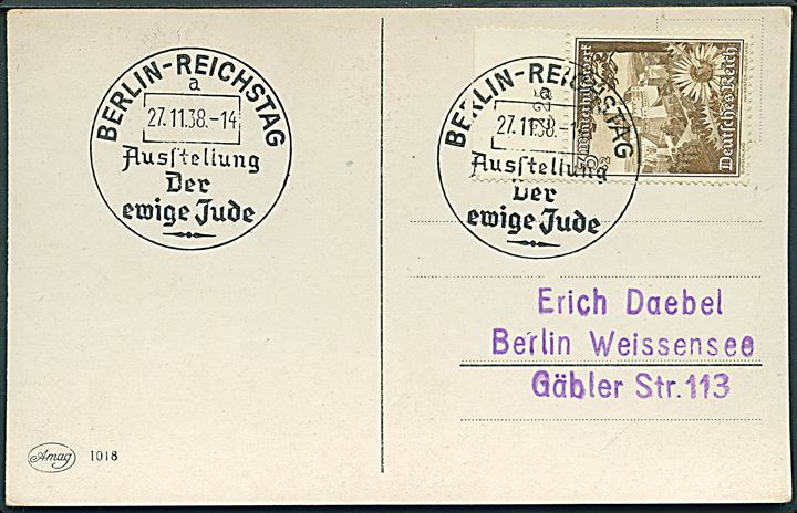 3+2 pfg. Winterhilfswerk på lokal tryksags-brevkort annulleret med propaganda-stempel Berlin-Reichstag / Ausstellung Der ewige Jude d. 27.11.1938 til Berlin.