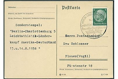 6 pfg. Hindenburg på brevkort annulleret med særstempel Berlin - Charlottenburg / Leichtathletik-Länderkampf Amerika - Deutschland d. 14.8.1938 til Plauen. Uden meddelelse på bagsiden.
