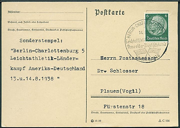 6 pfg. Hindenburg på brevkort annulleret med særstempel Berlin - Charlottenburg / Leichtathletik-Länderkampf Amerika - Deutschland d. 14.8.1938 til Plauen. Uden meddelelse på bagsiden.