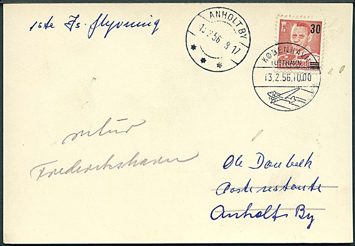 30/20 øre Provisorium på is-luftpost brevkort stemplet København Lufthavn d. 13.2.1956 til Anholt By. Ank.stemplet Anholt By d. 13.2.1956.