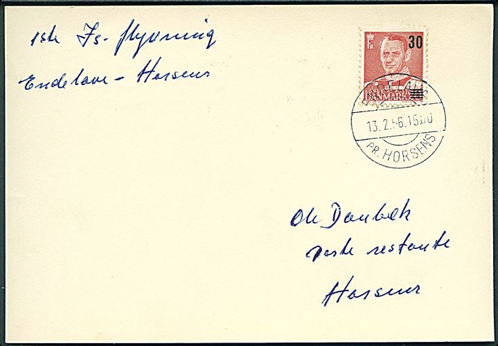 30/20 øre Provisorium på is-luftpost brevkort annulleret med pr.-stempel Endelave pr. Horsens d. 13.2.1956 til Horsens. 