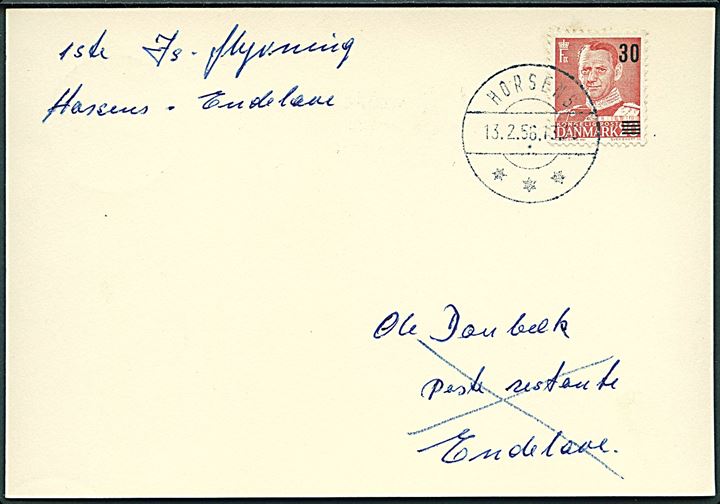 30/20 øre Provisorium på brevkort stemplet Horsens d. 13.2.1956 til Endelave. Ank.stemplet med pr.-stempel Endelave pr. Horsens d. 13.2.1956.