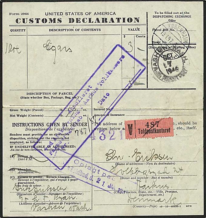 Amerikansk tolddeklaration for pakke fra Washington d. 7.10.1946 til Aarhus. Stemplet København Told og påsat værdi-pakke registrerings-nr. fra Toldpostkontoret.