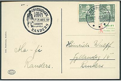 5 øre Nikolai Kirke med udstillings-tiltryk MO-FI Randers Paasken 1937 på lokalt brevkort i Randers d. 29.3.1937.