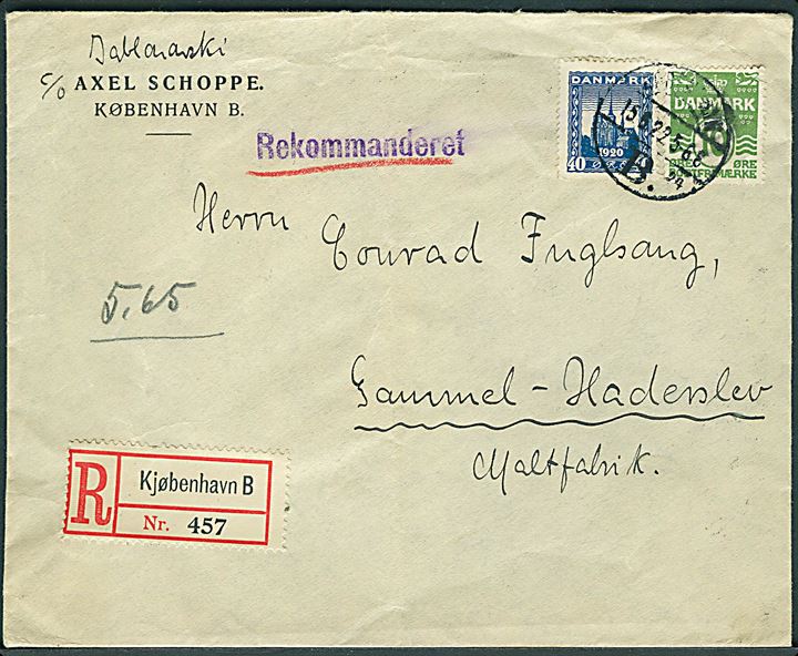 10 øre Bølgelinie og 40 øre Genforening på anbefalet brev fra København d. 15.6.1922 til Haderslev. Fold.