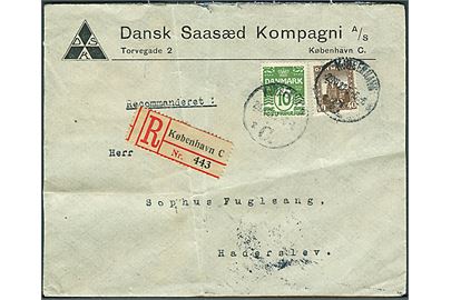 10 øre Bølgelinie og 40 øre Genforening på anbefalet brev fra København d. 29.11.1921 til Haderslev. Fold.