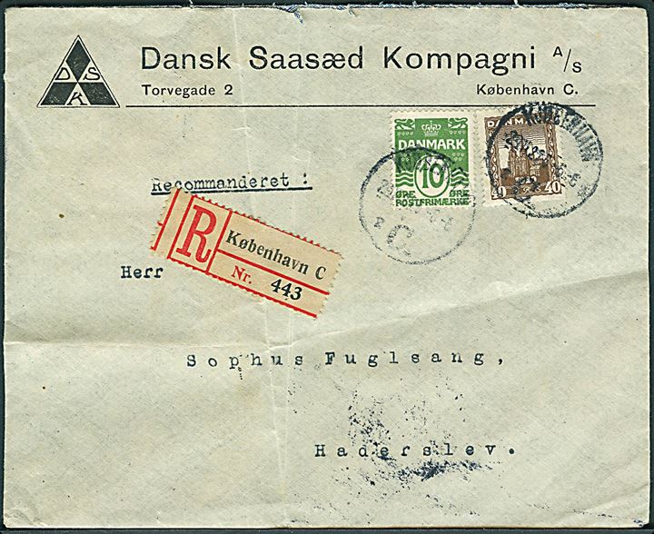 10 øre Bølgelinie og 40 øre Genforening på anbefalet brev fra København d. 29.11.1921 til Haderslev. Fold.