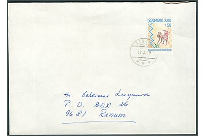 300+50 øre Folkekirkens Nødhjælp på brev annulleret med postsparestempel Ålborg d. 12.3.1989 til Ranum.