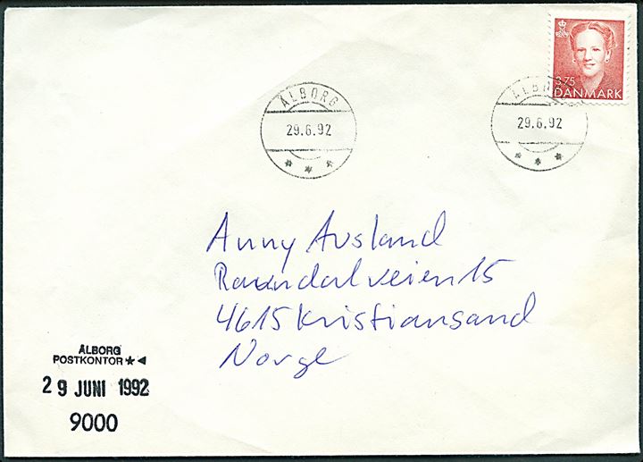 3,75 kr. Margrethe på brev annulleret med postsparestempel Ålborg d. 29.6.1992 til Kristiansand, Norge.
