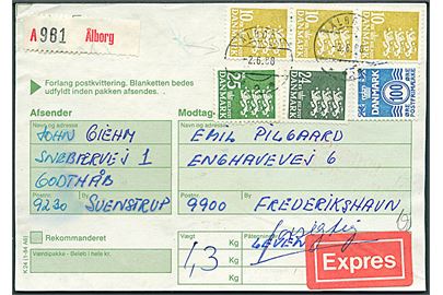 100 øre Bølgelinie, 10 kr. (3), 24 kr. og 25 kr. Rigsvåben på adressekort for eksprespakke mærket Levende Dyr annulleret med postsparestempel Ålborg d. 2.6.1988 til Frederikshavn.