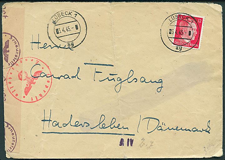 12 pfg. Hitler på brev fra Lübeck d. 3.4.1945 til Haderslev, Danmark. Åbnet af tysk censur i Hamburg. Spor efter kemisk censur.