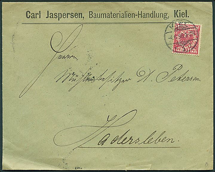 10 pfg. Adler på brev fra Kiel d. 4.6.1896 til Haderslev. På bagsiden etiket fra Provinz Schleswig-Holstein / Naval International / Ausstellung Kiel 1896.