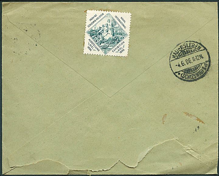 10 pfg. Adler på brev fra Kiel d. 4.6.1896 til Haderslev. På bagsiden etiket fra Provinz Schleswig-Holstein / Naval International / Ausstellung Kiel 1896.