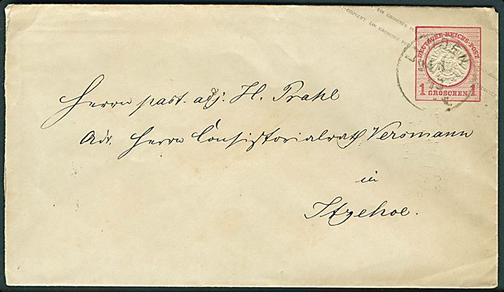 1 gr. helsagskuvert stemplet Lunden d. 24.3.1873 til Itzehoe.