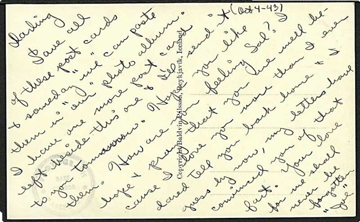 Ufrankeret brevkort Tindafjallajökull med meddelelse dateret 4.10.1943 med censurstempel: Photograph * Passed by * Base Censor