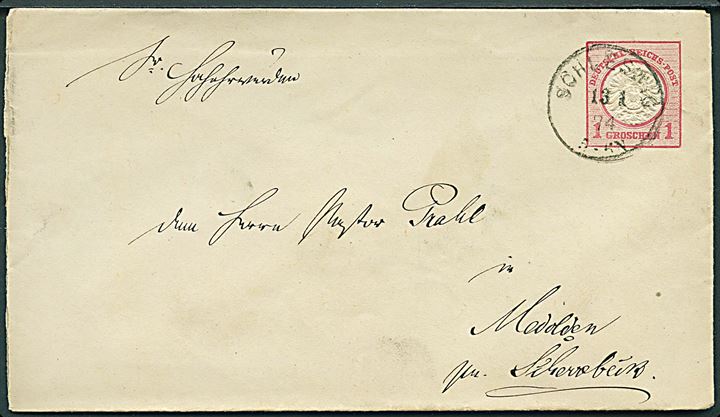 1 gr. helsagskuvert fra Schleswig d. 13.1.1874 til Medolden pr. Scherrebeck.