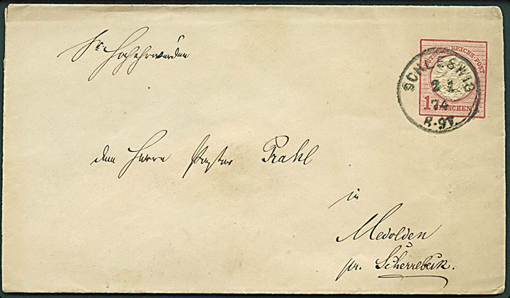 1 gr. helsagskuvert fra Schleswig d. 2.1.1874 til Medolden pr. Scherrebeck.