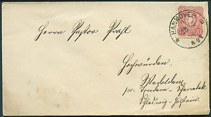 10 pfg. Pfennige udg. på brev fra Hannover d. 28.3.1876 til Medolden pr. Scherrebeck.