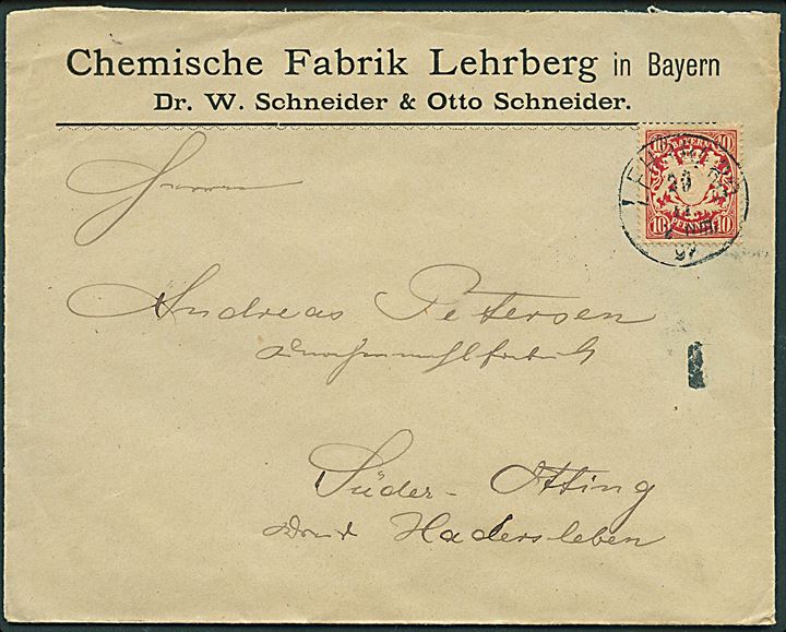 10 pfg. Våben på brev fra Lehrberg d. 29.11.1897 til Haderslev.