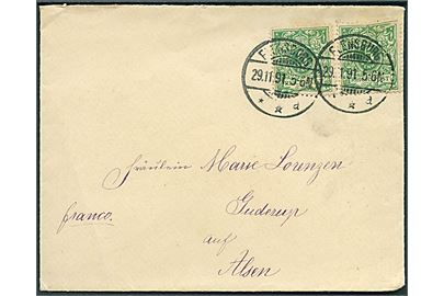 5 pfg. Ciffer (2) på brev fra Flensburg d. 29.11.1891 til Guderup på Als.