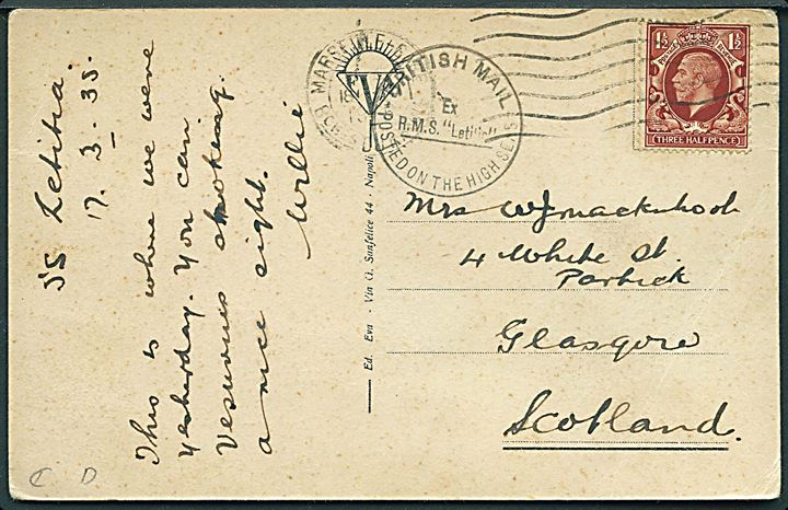 1½d George V på brevkort (Napoli, Italien) annulleret med fransk stempel i Marseille d. 18.3.1935 og sidestemplet British Mail Posted on the high Sea's ex. R.M.S. Letitia til Glasgow, Scotland.