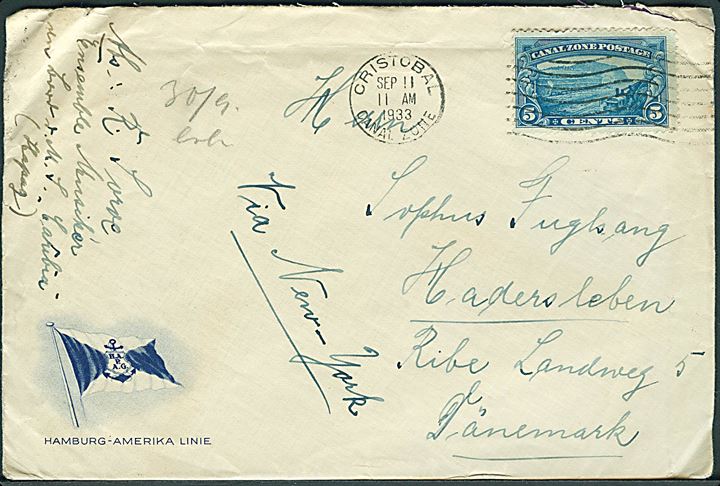 5 cents på Hamburg-Amerika Linie kuvert stemplet Cristobal Canal Zone d. 11.9.1933 til Haderslev, Danmark. Fra musiker ombord på M/S Caribia.